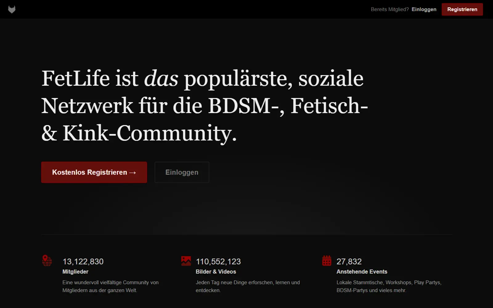 Startseite von FetLife mit Mitglieder- und Event-Zahlen