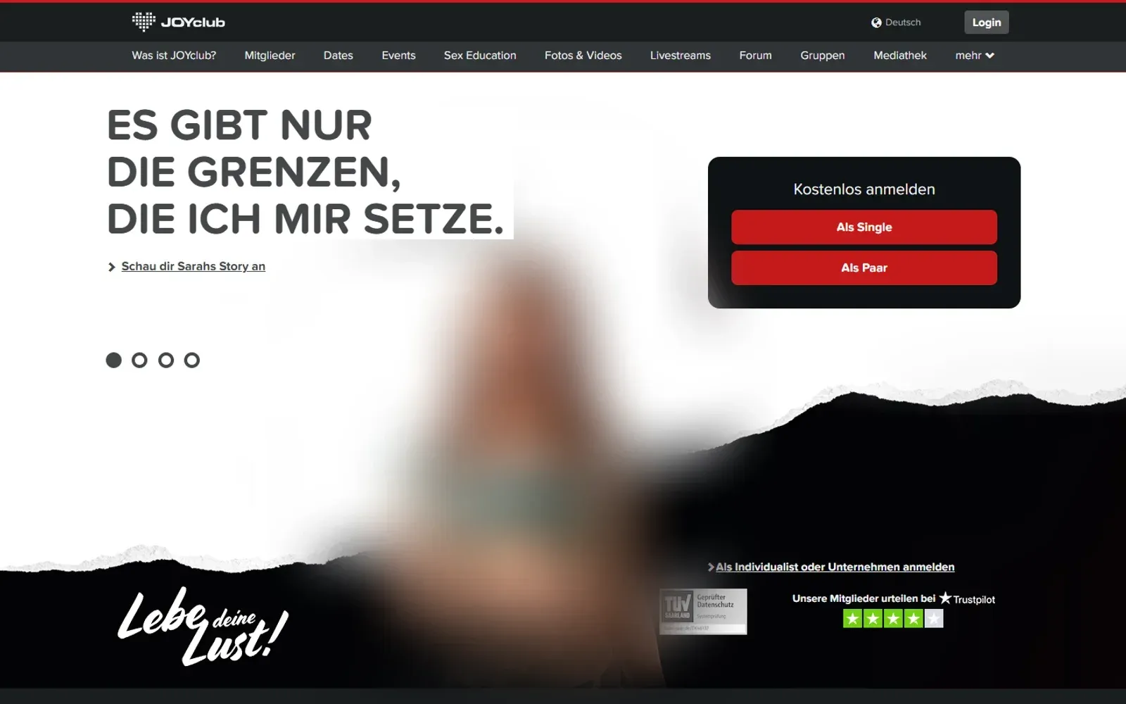 Startseite von Joyclub mit Anmeldefeld und Navigation